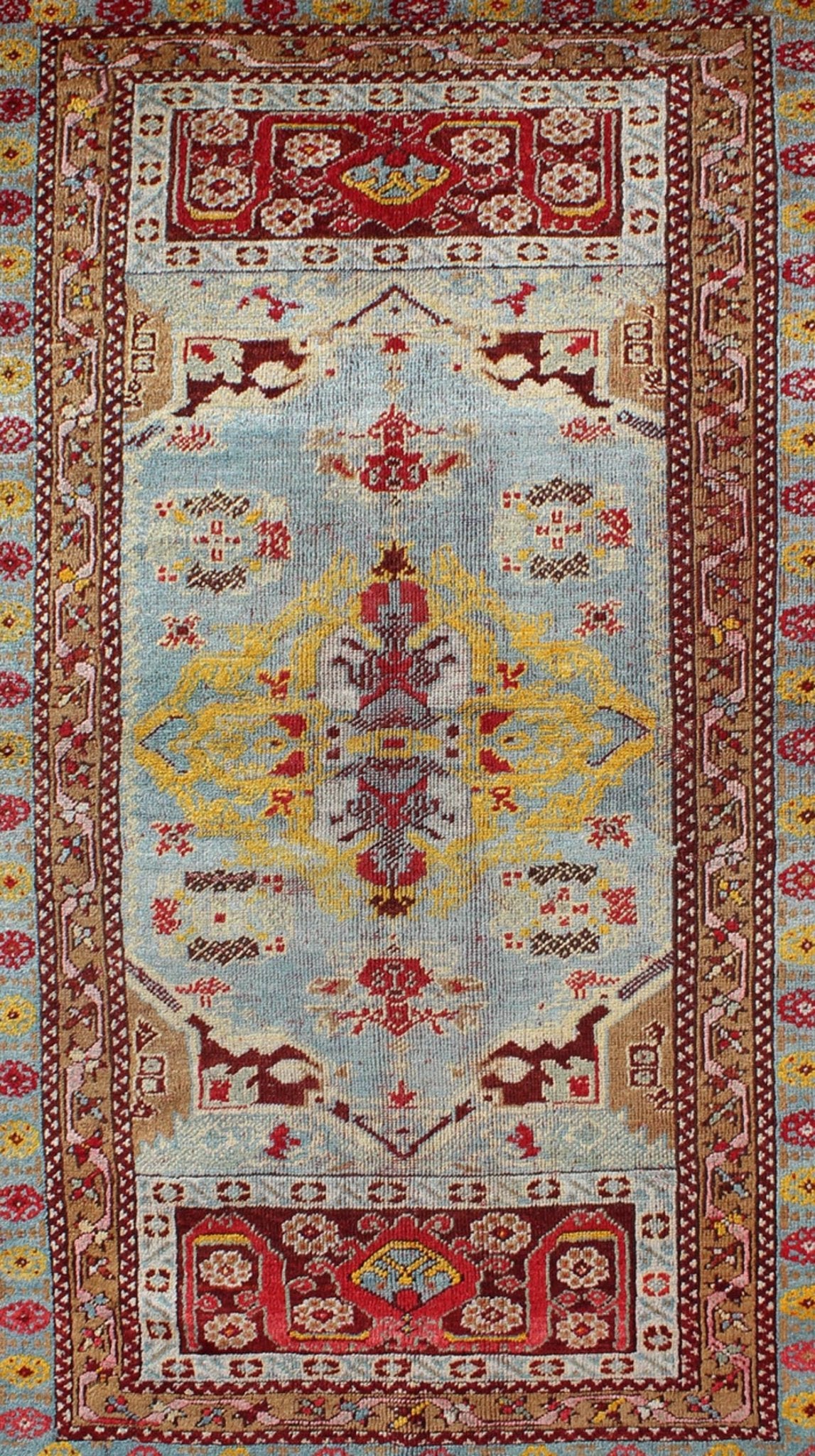 Antique Turkish Oushak Rug with Vibrant Color Palette, Medallion Design. Measures: 3'3 x 5'5 Antique Turkish Oushak Rug in Light Blue Background and Border. Keivan Woven Arts/ rug/D - 0925, Origin/Turkey, Oushak antique rug, Antique Oushak... - Keivan Woven ArtsD - 0925 - 2149Rug