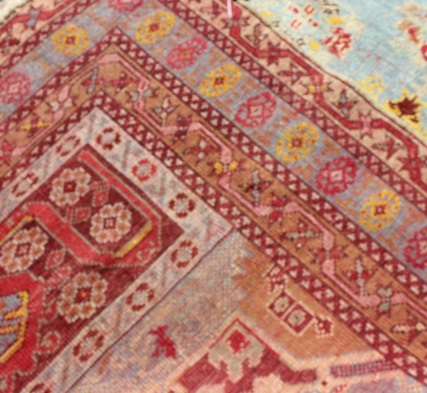 Antique Turkish Oushak Rug with Vibrant Color Palette, Medallion Design. Measures: 3'3 x 5'5 Antique Turkish Oushak Rug in Light Blue Background and Border. Keivan Woven Arts/ rug/D - 0925, Origin/Turkey, Oushak antique rug, Antique Oushak... - Keivan Woven ArtsD - 0925 - 2149Rug