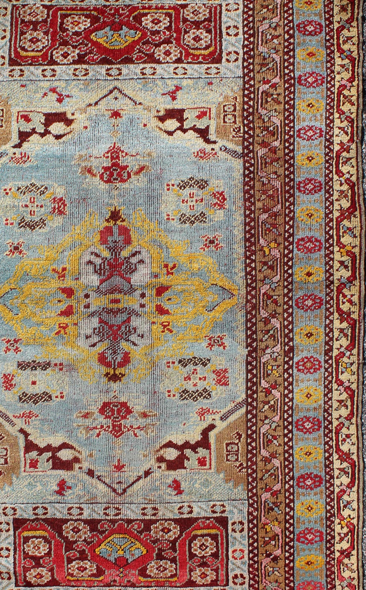 Antique Turkish Oushak Rug with Vibrant Color Palette, Medallion Design. Measures: 3'3 x 5'5 Antique Turkish Oushak Rug in Light Blue Background and Border. Keivan Woven Arts/ rug/D - 0925, Origin/Turkey, Oushak antique rug, Antique Oushak... - Keivan Woven ArtsD - 0925 - 2149Rug