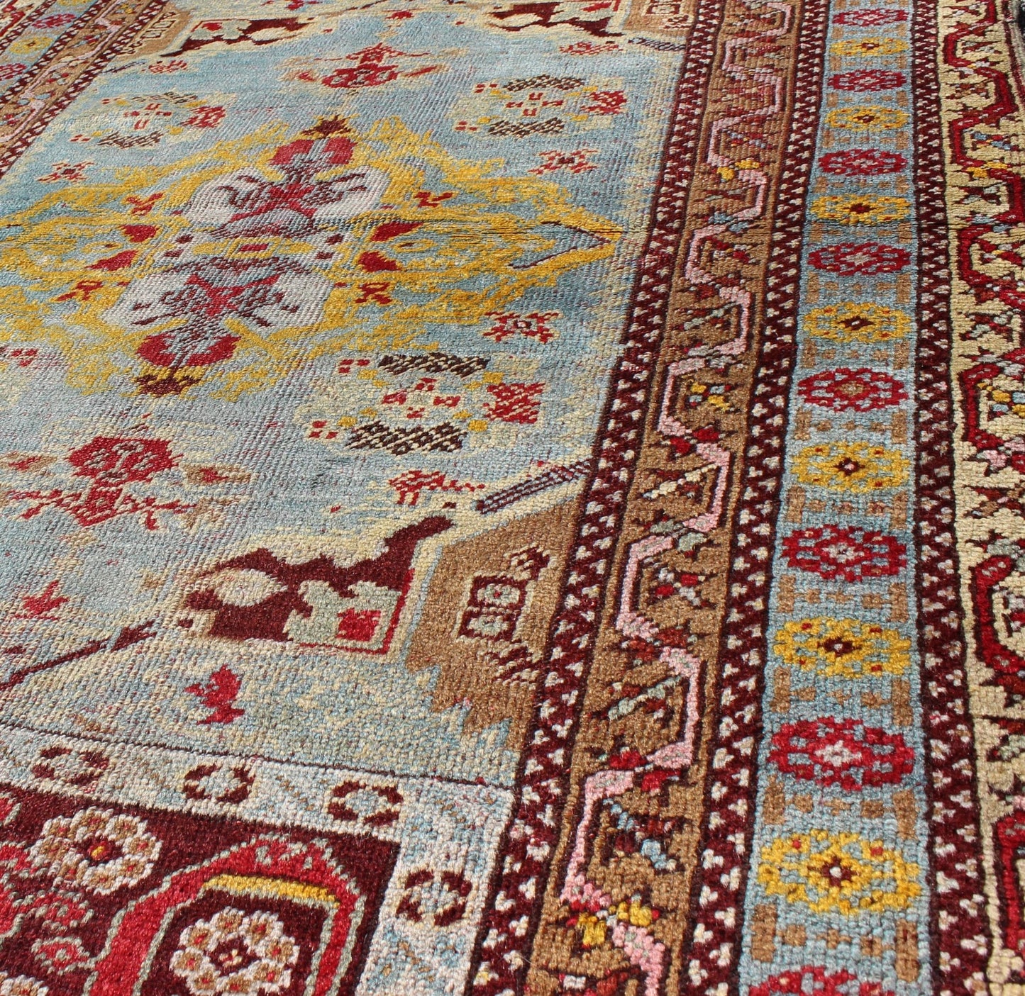 Antique Turkish Oushak Rug with Vibrant Color Palette, Medallion Design. Measures: 3'3 x 5'5 Antique Turkish Oushak Rug in Light Blue Background and Border. Keivan Woven Arts/ rug/D - 0925, Origin/Turkey, Oushak antique rug, Antique Oushak... - Keivan Woven ArtsD - 0925 - 2149Rug