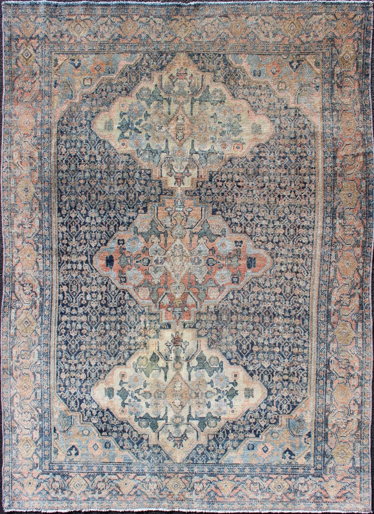 Fine Antique Persian Seneh Rug in Steel Blue Background and Multi colors. rug/D - 1004, country of origin / type: Iran / Seneh, Kurdistan Fine antique Persian Seneh rug in steel and gray blue background This intricate and finely woven antique r... - Keivan Woven ArtsD - 1004 - 1046Rug
