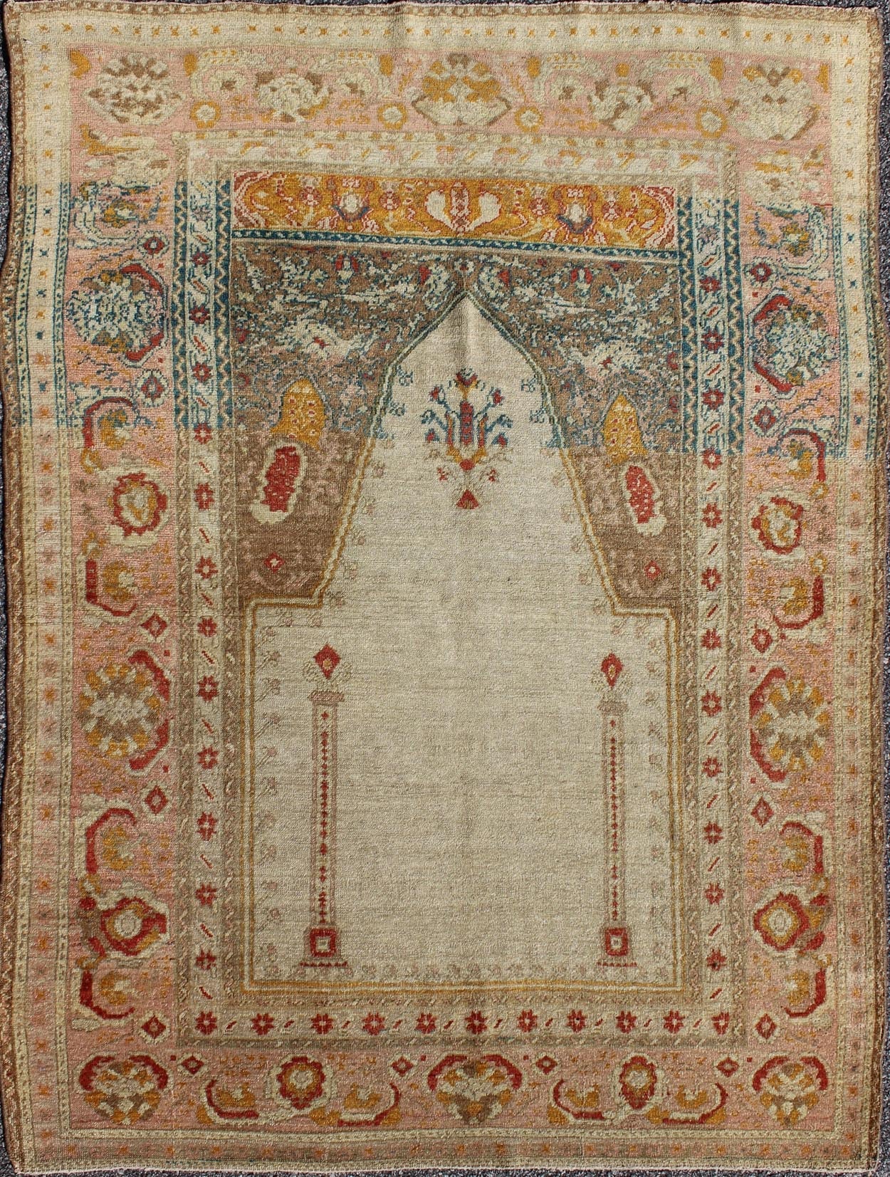 Antique Turkish Sivas prayer rug with floral design in ivory, taupe, and pink, Keivan Woven Arts / rug d - 1007, country of origin / type: Turkey/Oushak, circa mid - 20th century This lovely and finely woven Turkish Oushak rug displays a prayer desi... - Keivan Woven ArtsD - 1007 - 2117Rug
