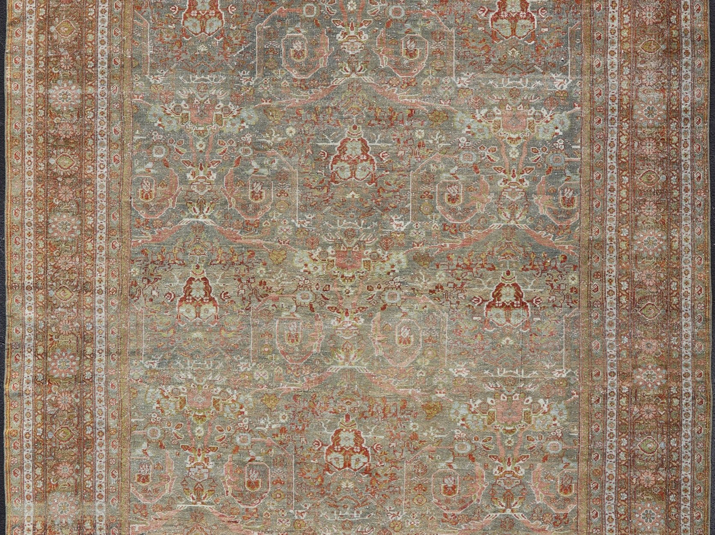 Distressed Antique Persian Sultanabad Rug in Faded Grey Background with green, salmon, pink, brown. distressed antique rug, distressed antique Sultanabad, distressed antique Mahal. Antique distressed Persian rug. Sultanabad Mahal antique rug fro... - Keivan Woven ArtsDAN - 1701 - 8493Rug