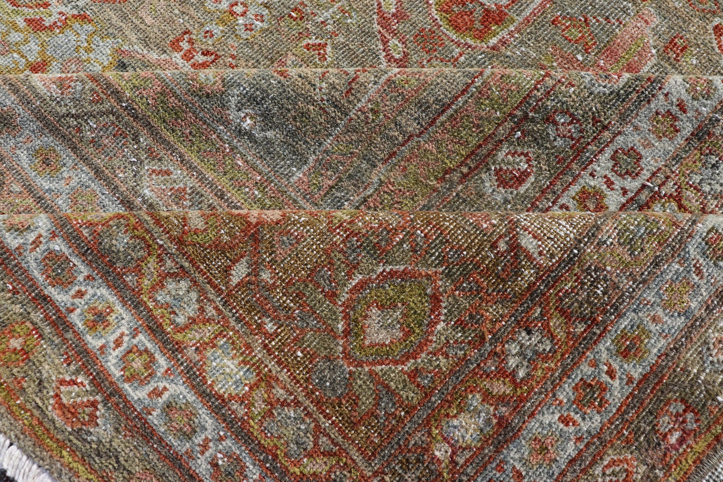 Distressed Antique Persian Sultanabad Rug in Faded Grey Background with green, salmon, pink, brown. distressed antique rug, distressed antique Sultanabad, distressed antique Mahal. Antique distressed Persian rug. Sultanabad Mahal antique rug fro... - Keivan Woven ArtsDAN - 1701 - 8493Rug