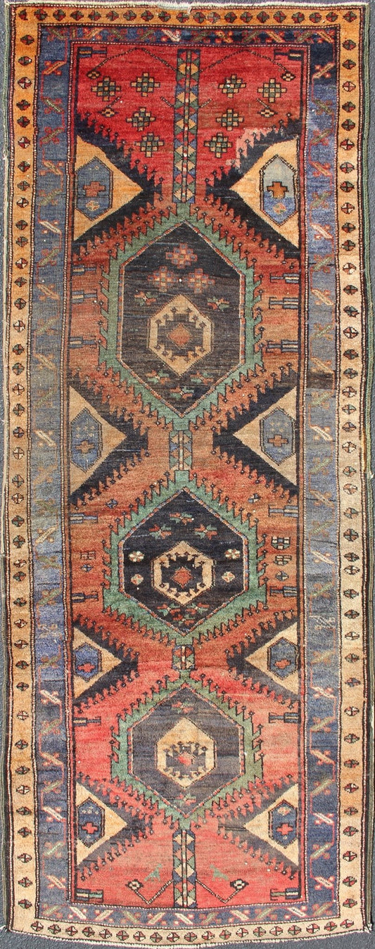Vintage Runner Persian Hamadan with Tribal Vertical Medallion Design. Colorful Vintage Persian Hamadan runner with tribal Motifs, Vertical Medallion Design, rug DSP - 0505 - 20, country of origin / type: Iran / Hamadan, circa 1930. This vint... - Keivan Woven ArtsDSP - 0505 - 20 - 12910Rug