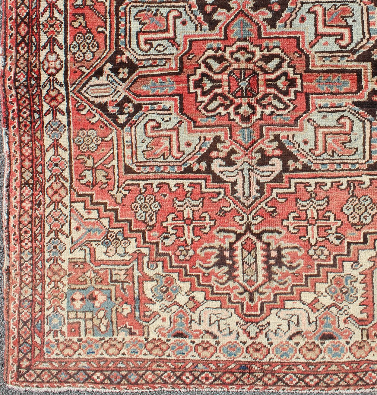 Square Size Antique Persian Small Heriz Rug with Medallion in Soft Colors kwarugs Highly stylized antique Persian Heriz rug with medallion, circa 1930s, rug dsp - ca16194, country of origin / type: Iran / Heriz Serapi, circa 1930. This magn... - Keivan Woven ArtsDSP - CA16194A - 8773Rug