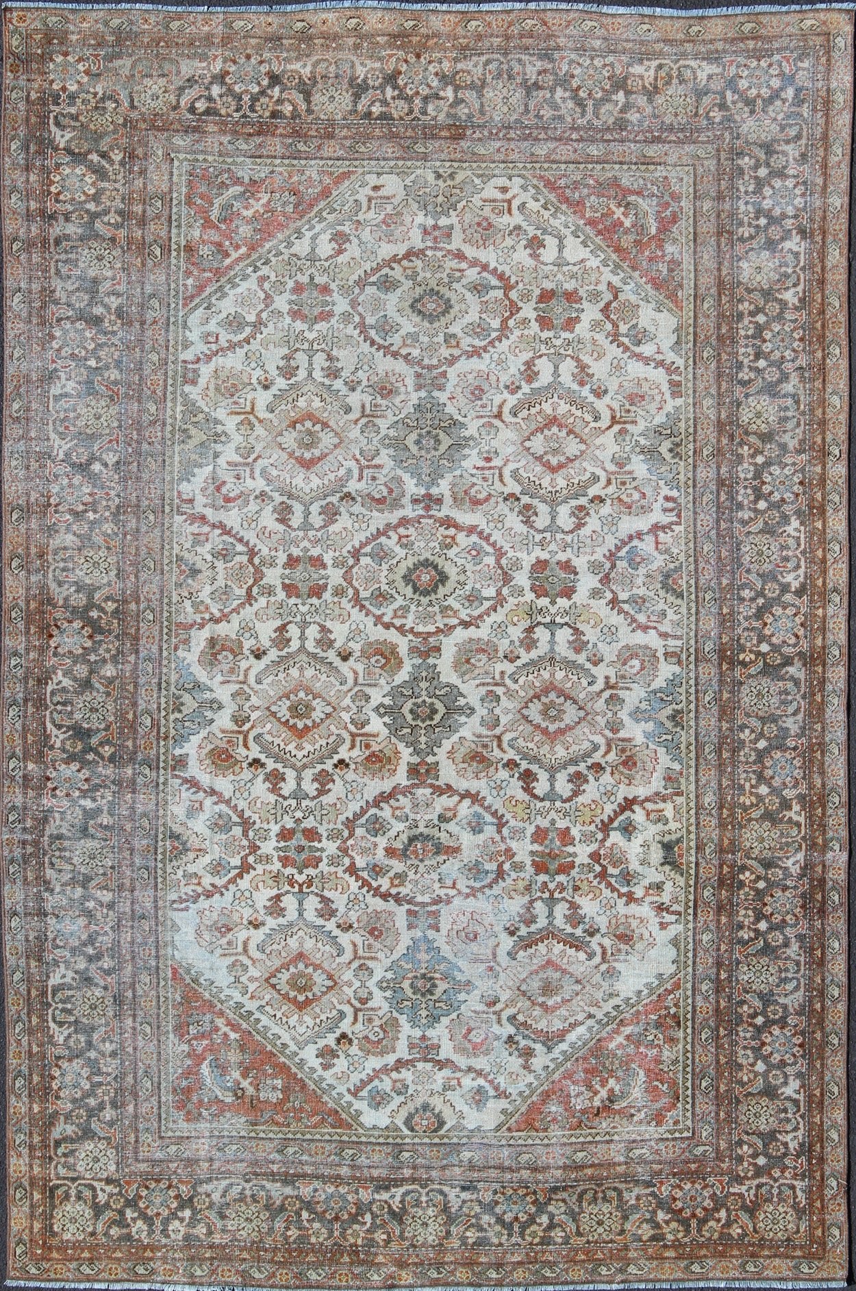 Antique Persian Sultanabad - Mahal Rug in Ivory, Terracotta, Light Blue, Charcoal kwarugs Antique Persian Sultanabad - Mahal rug with ivory, terracotta red, light blue, charcoal sub - Geometric floral design, rug dsp - ca878, country of origin / type: I... - Keivan Woven ArtsDSP - CA878 - 4116Rug