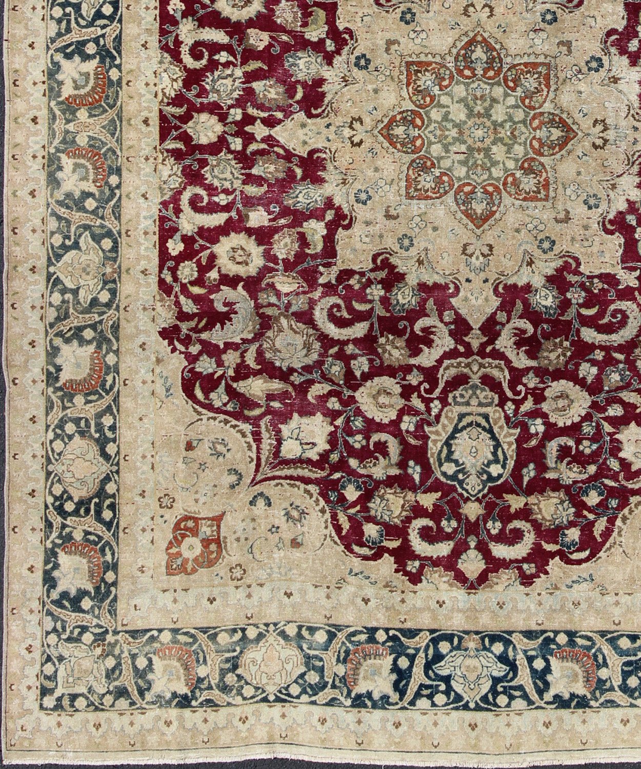 Layered Floral Medallion Antique Persian Mashad Rug in Red, Blue and Cream Antique Persian Mashad Rug, rug DSP - MKN380KS, country of origin / type: Iran / Mashad, circa Early - 20th Century. Measures: 9'9 x 12'6. This highly decorati... - Keivan Woven ArtsDSP - MKN380KS - 4120Rug