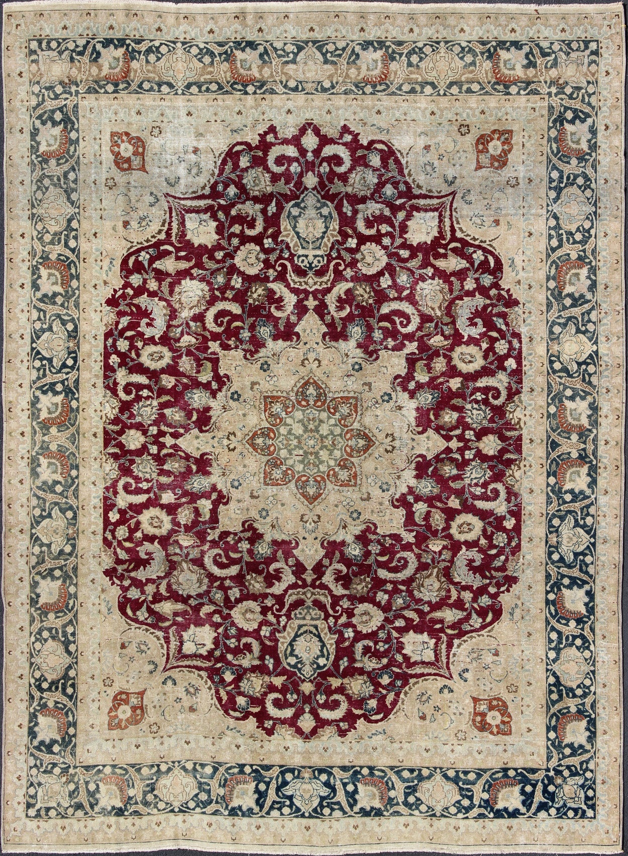 Layered Floral Medallion Antique Persian Mashad Rug in Red, Blue and Cream Antique Persian Mashad Rug, rug DSP - MKN380KS, country of origin / type: Iran / Mashad, circa Early - 20th Century. Measures: 9'9 x 12'6. This highly decorati... - Keivan Woven ArtsDSP - MKN380KS - 4120Rug