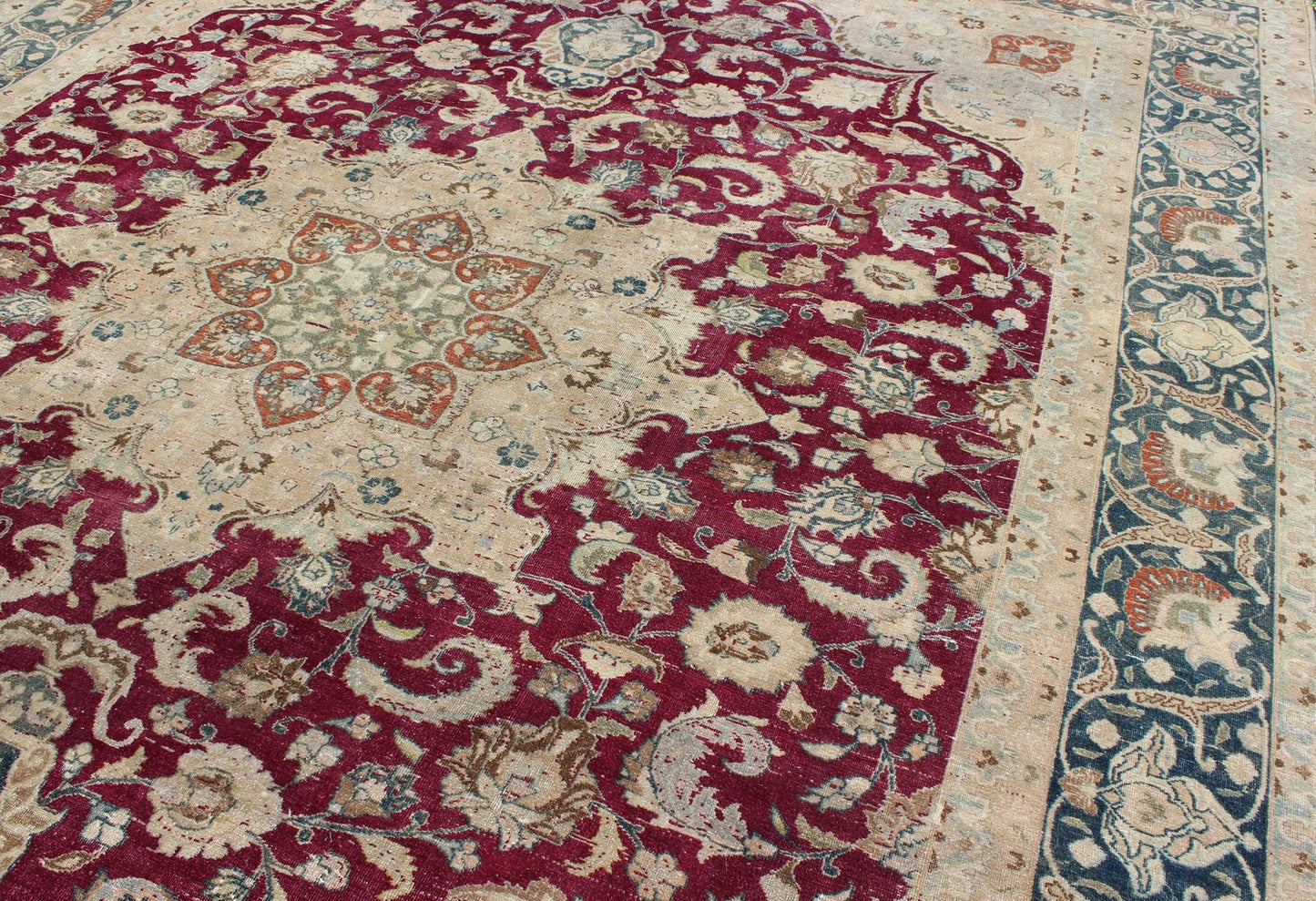 Layered Floral Medallion Antique Persian Mashad Rug in Red, Blue and Cream Antique Persian Mashad Rug, rug DSP - MKN380KS, country of origin / type: Iran / Mashad, circa Early - 20th Century. Measures: 9'9 x 12'6. This highly decorati... - Keivan Woven ArtsDSP - MKN380KS - 4120Rug