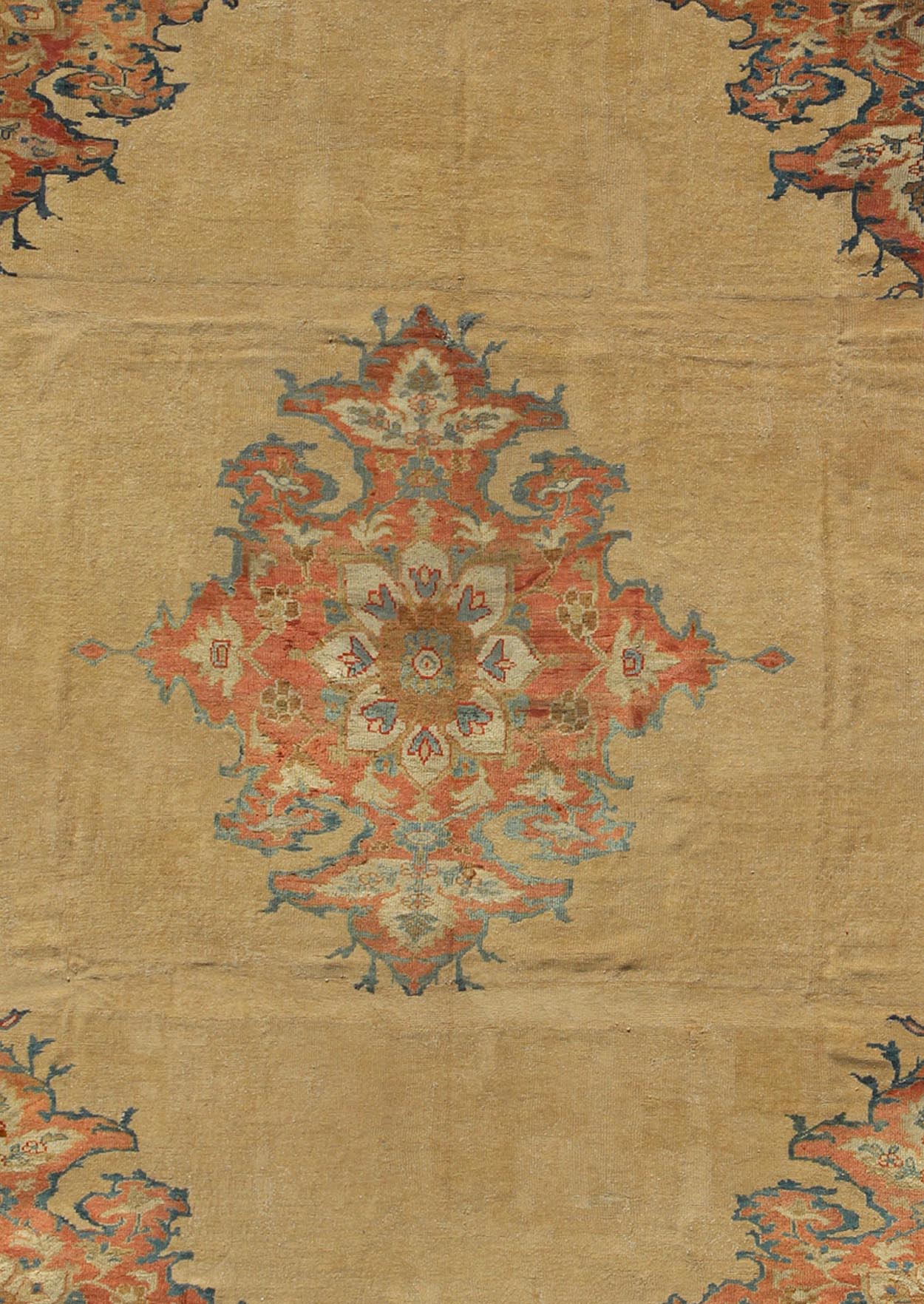 Antique Persian Ziegler Sultanabad Rug in Light Yellow Background with Salmon Color. Keivan Woven Arts / rug / E - 0702 / country of origin / type: Iran / Sultanabad, circa 1890's Measures: 91 x 115 This exquisite antique Ziegler Sultanabad carpet ... - Keivan Woven ArtsE - 0702 - 1811Rug