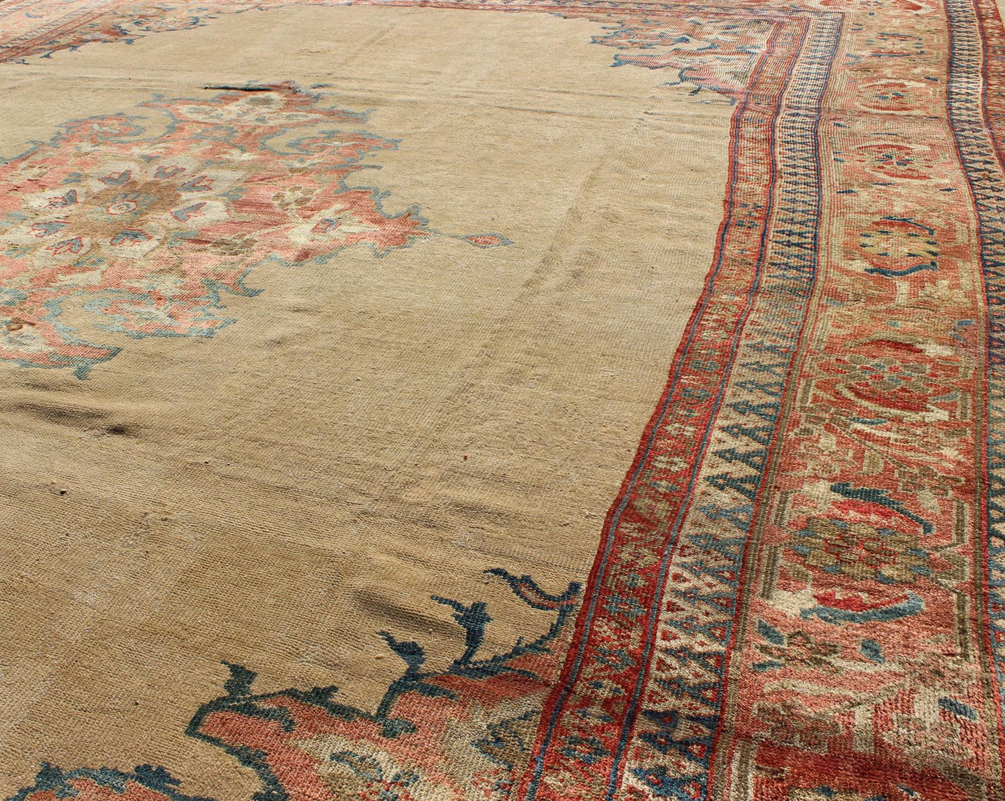 Antique Persian Ziegler Sultanabad Rug in Light Yellow Background with Salmon Color. Keivan Woven Arts / rug / E - 0702 / country of origin / type: Iran / Sultanabad, circa 1890's Measures: 91 x 115 This exquisite antique Ziegler Sultanabad carpet ... - Keivan Woven ArtsE - 0702 - 1811Rug