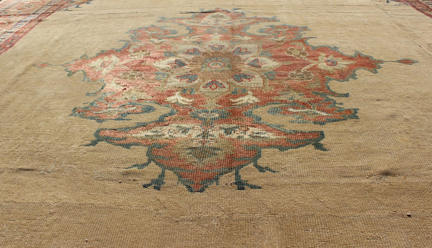 Antique Persian Ziegler Sultanabad Rug in Light Yellow Background with Salmon Color. Keivan Woven Arts / rug / E - 0702 / country of origin / type: Iran / Sultanabad, circa 1890's Measures: 91 x 115 This exquisite antique Ziegler Sultanabad carpet ... - Keivan Woven ArtsE - 0702 - 1811Rug