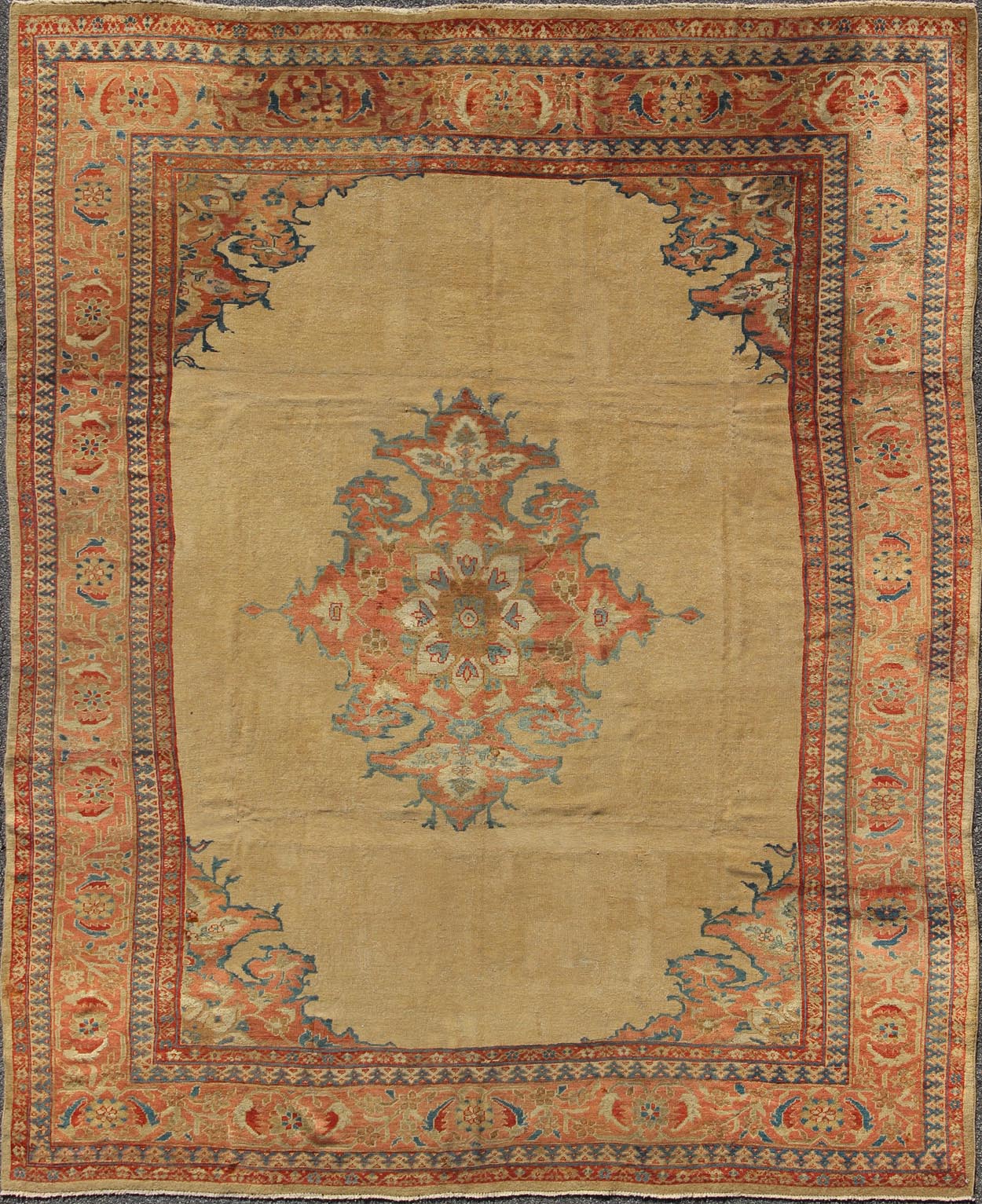Antique Persian Ziegler Sultanabad Rug in Light Yellow Background with Salmon Color. Keivan Woven Arts / rug / E - 0702 / country of origin / type: Iran / Sultanabad, circa 1890's Measures: 91 x 115 This exquisite antique Ziegler Sultanabad carpet ... - Keivan Woven ArtsE - 0702 - 1811Rug