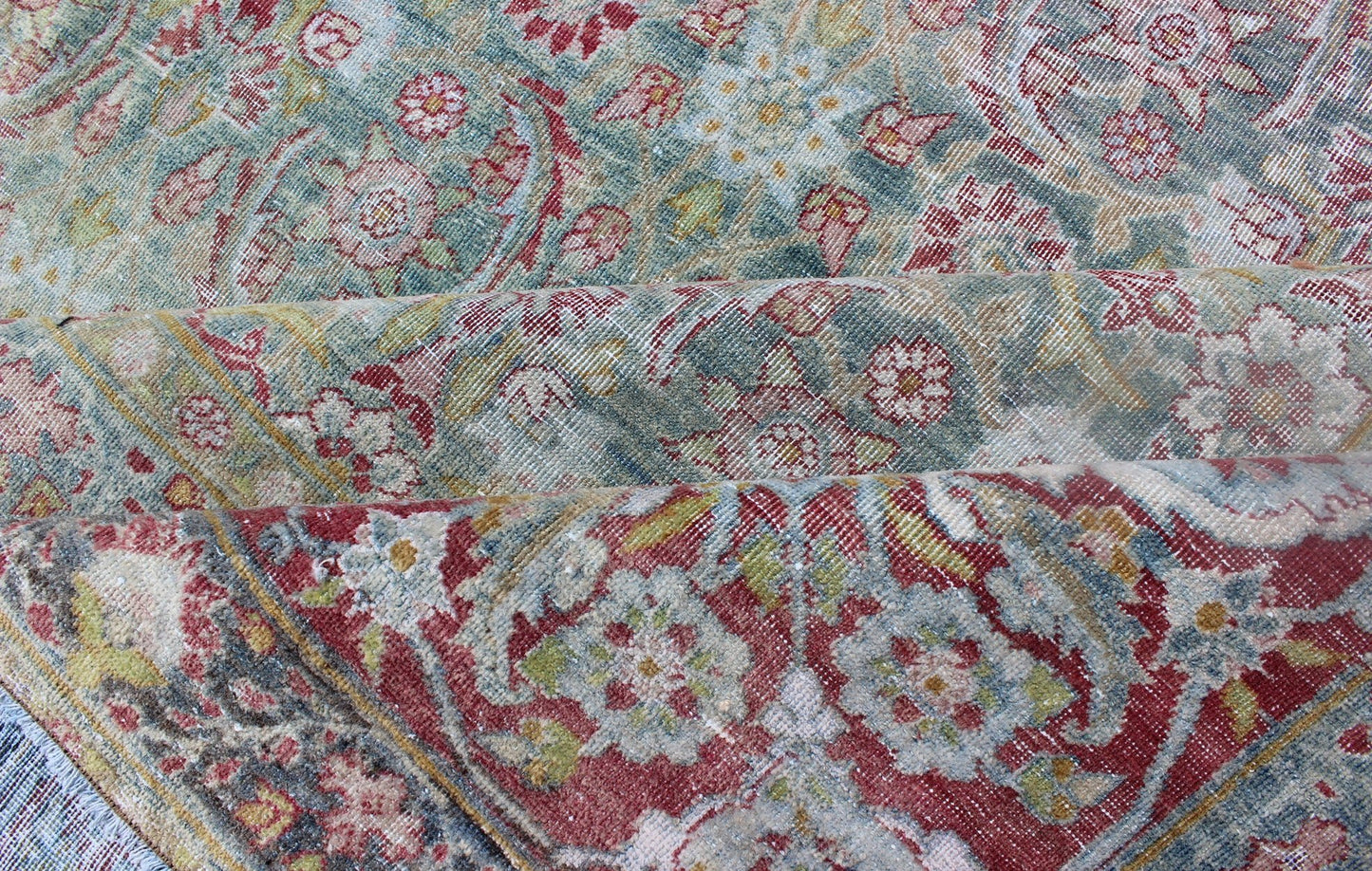 Antique Persian Kerman Lavar Rug with Geometric Leaf and Flower Herati Motifs, kwarugs E - 0803, Antique Classic Persian Lavar Kerman With a teal color backgrounds that varies from teal green to teal blue, this exquisite antique Lavar Kerman carpe... - Keivan Woven ArtsE - 0803 - 764Rug