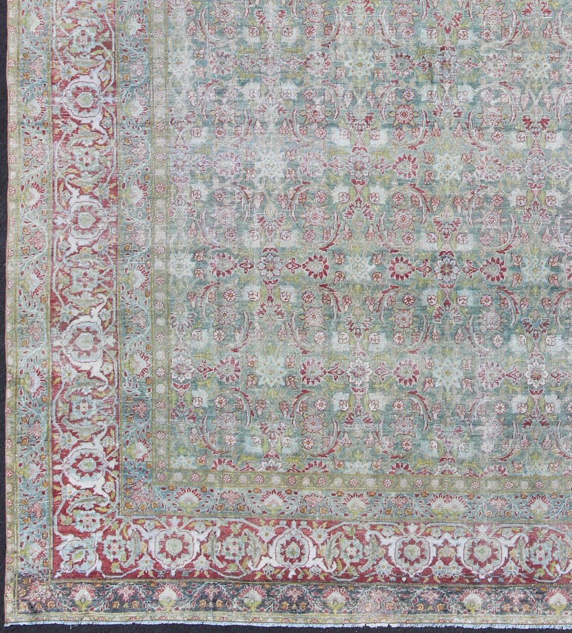Antique Persian Kerman Lavar Rug with Geometric Leaf and Flower Herati Motifs, kwarugs E - 0803, Antique Classic Persian Lavar Kerman With a teal color backgrounds that varies from teal green to teal blue, this exquisite antique Lavar Kerman carpe... - Keivan Woven ArtsE - 0803 - 764Rug