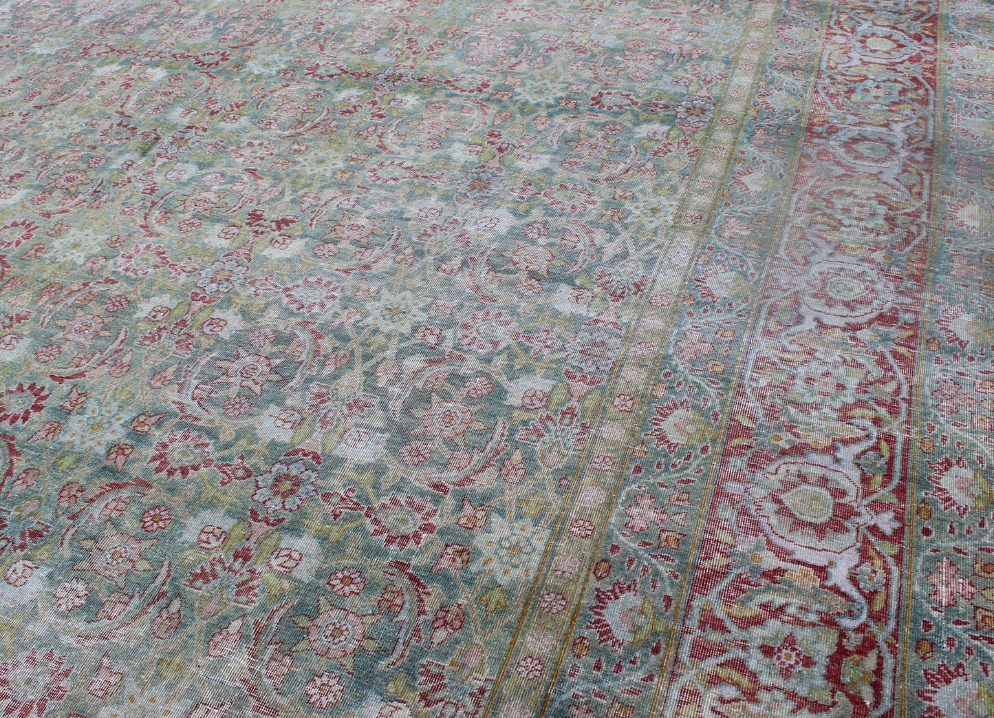 Antique Persian Kerman Lavar Rug with Geometric Leaf and Flower Herati Motifs, kwarugs E - 0803, Antique Classic Persian Lavar Kerman With a teal color backgrounds that varies from teal green to teal blue, this exquisite antique Lavar Kerman carpe... - Keivan Woven ArtsE - 0803 - 764Rug