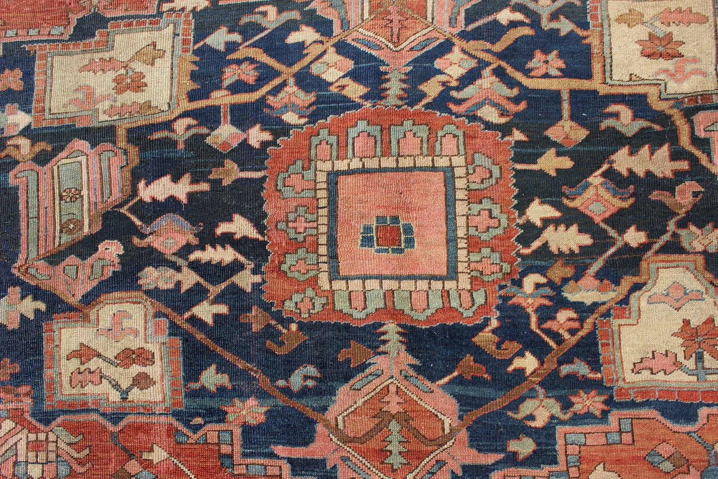 Antique Persian Serapi Rug With Medallion in Rusty - Orange, Blue and Cream's. Keivan Woven Arts / Rug / W22 - 0208, country of origin / type: Iran /Serapi, circa 1910. Antique Heriz, Antique Serapi. Measures: 9'8 x 11'4. Serapi rugs represent the f... - Keivan Woven ArtsE - 0804 - 665Rug