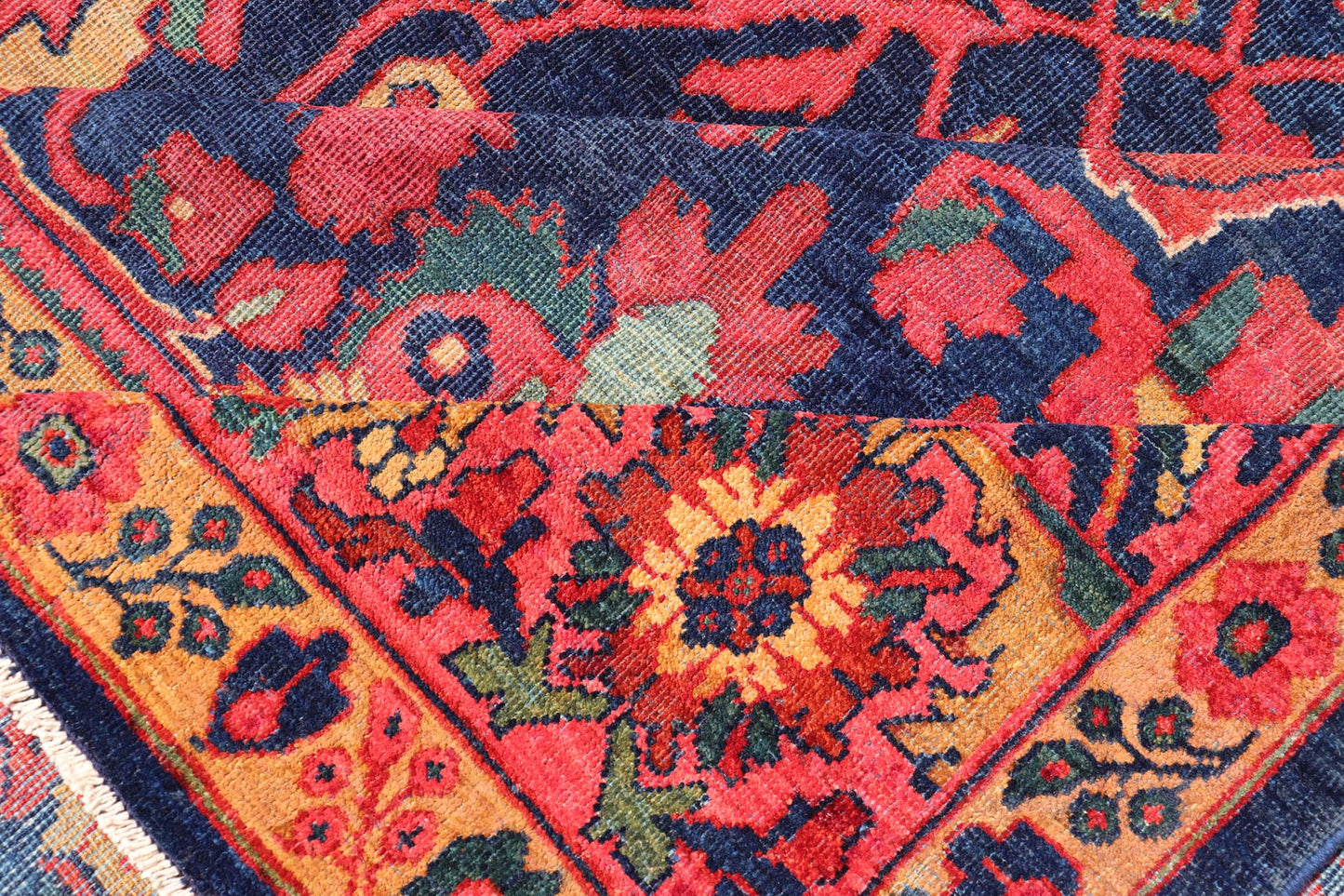 Antique Persian Sultanabad Rug With Large Scale Design in Blue, Red, and Gold. Keivan Woven Arts / rug / E - 0908, country of origin / type: Iran / Sultanabad, circa 1890. Measures: 11'3 x 13' This Persian Antique Sultanabad draws heavily from nat... - Keivan Woven ArtsE - 0908 - 487Rug