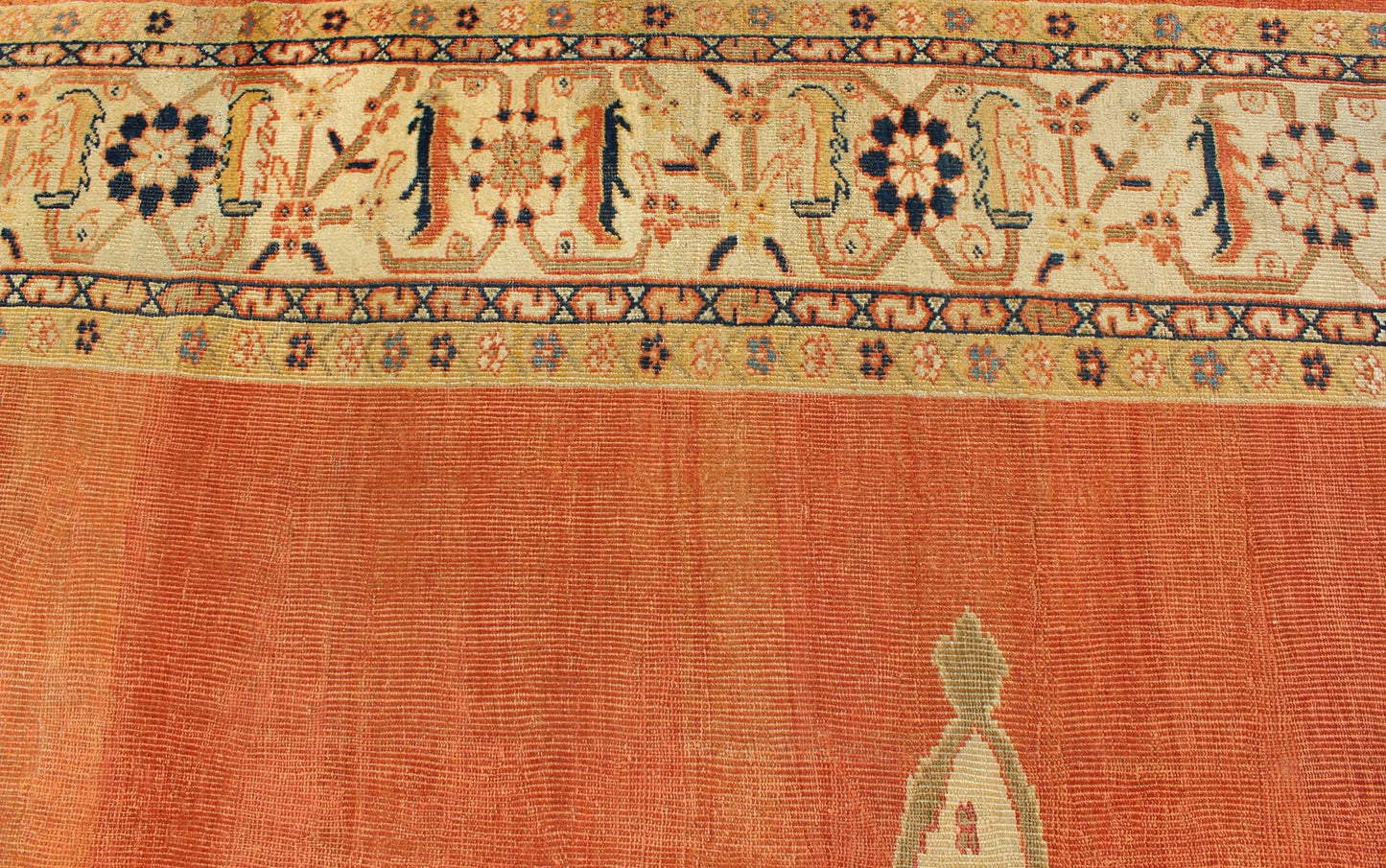 Large Antique Ziegler Sultanabad rug with central medallion in soft orange, ivory and pops of navy blue. Keivan Woven Arts / E - 1207. Late 19th Century Persian Antique Ziegler, antique Persian Ziegler. Measures: 10'2 x 14'5 This striking antique Z... - Keivan Woven ArtsE - 1207 - 1827Rug