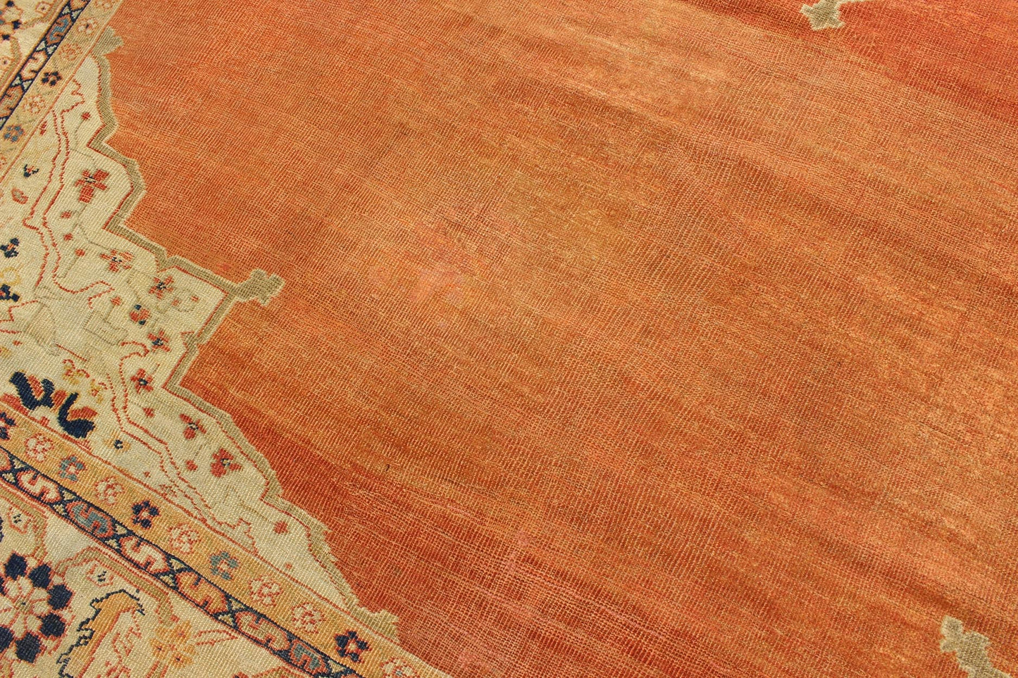 Large Antique Ziegler Sultanabad rug with central medallion in soft orange, ivory and pops of navy blue. Keivan Woven Arts / E - 1207. Late 19th Century Persian Antique Ziegler, antique Persian Ziegler. Measures: 10'2 x 14'5 This striking antique Z... - Keivan Woven ArtsE - 1207 - 1827Rug