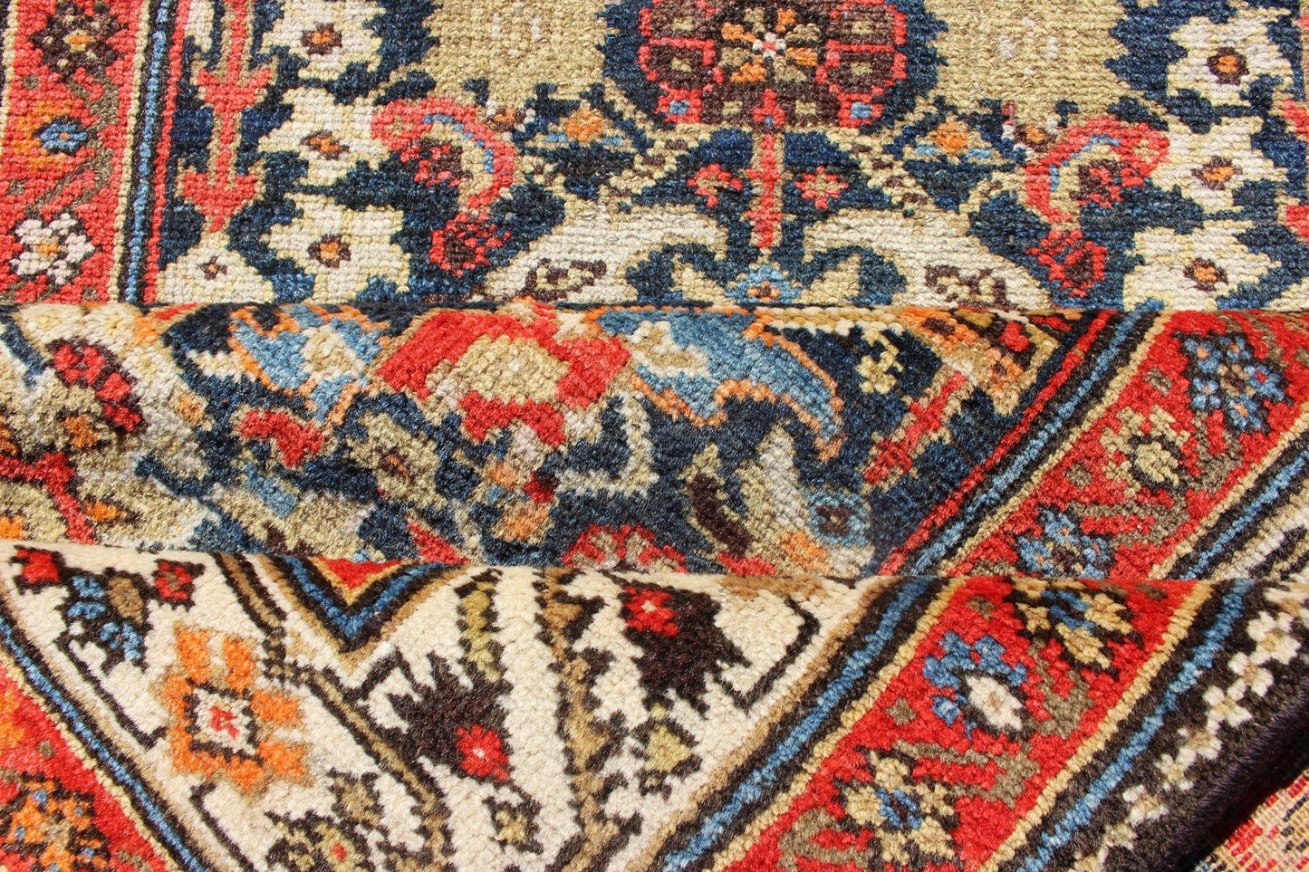 Long Persian Runner With Blue and Orange in Geometric All Over Pattern L Variegated Border Malayer antique runner from Persia with geometric repeating pattern in the background which Hosts to variegated shades of blue The main border is ivory while ... - Keivan Woven ArtsEB - 2005 - 12593Rug