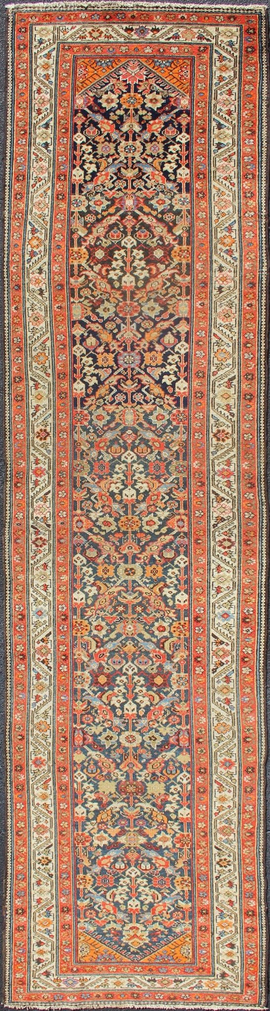 Long Persian Runner With Blue and Orange in Geometric All Over Pattern L Variegated Border Malayer antique runner from Persia with geometric repeating pattern in the background which Hosts to variegated shades of blue The main border is ivory while ... - Keivan Woven ArtsEB - 2005 - 12593Rug