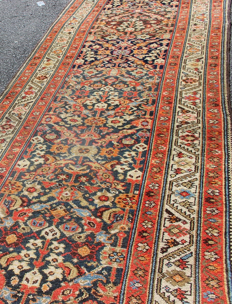 Long Persian Runner With Blue and Orange in Geometric All Over Pattern L Variegated Border Malayer antique runner from Persia with geometric repeating pattern in the background which Hosts to variegated shades of blue The main border is ivory while ... - Keivan Woven ArtsEB - 2005 - 12593Rug