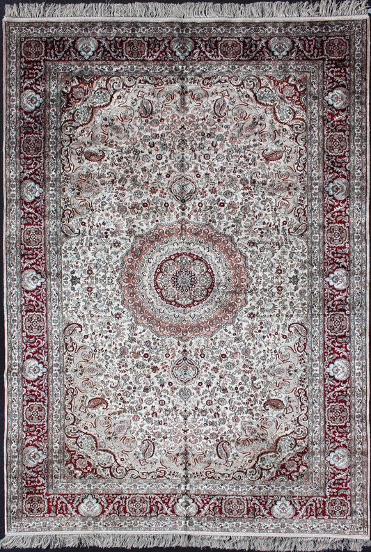 Silk Vintage Isfahan Design Medallion Carpet with Intricate Floral Elements Persian design vintage Isfahan very fine hand knotted carpet with intricate and detailed floral elements, rug EB - 200599 - 45, country of origin / type/ Isfahan, circa 1960 ... - Keivan Woven ArtsEB - 200599 - 45 - 12853Rug