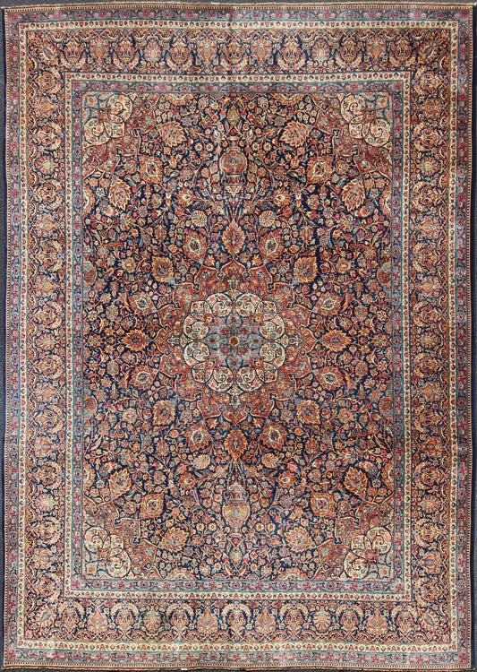 Persian Kashan All - Over Floral Fine Weave in Navy Background Fine Kashan Red and blue antique Persian Kashan rug with Arabesque blossom design, rug EB - CON1 - 13001, country of origin / type: Iran / Kashan, circa 1910 Distinct colors that a... - Keivan Woven ArtsEB - CON1 - 13001 - 12597Rug