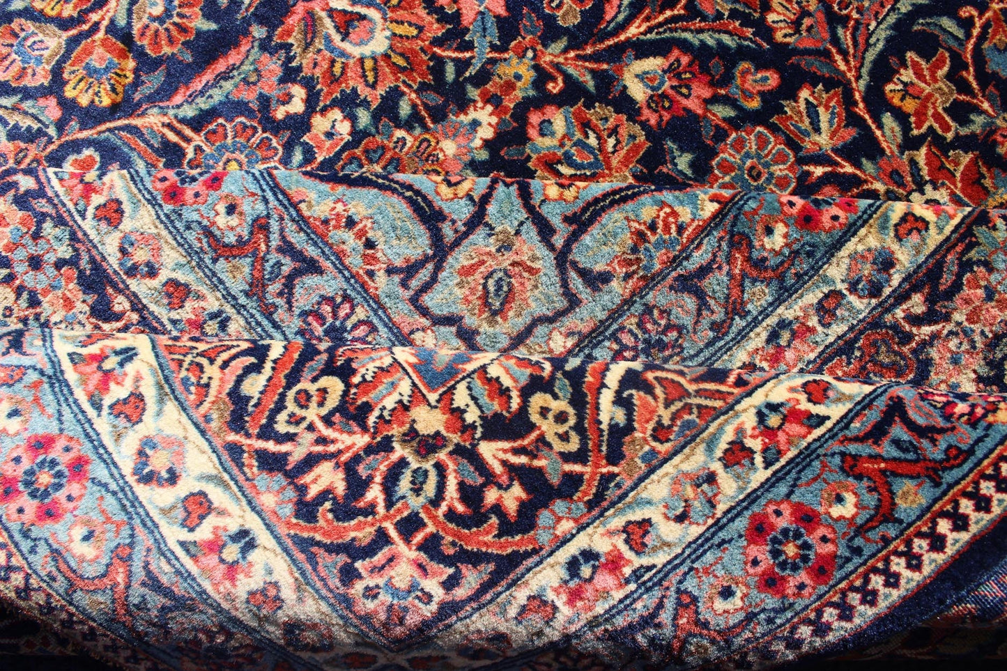 Persian Kashan All - Over Floral Fine Weave in Navy Background Fine Kashan Red and blue antique Persian Kashan rug with Arabesque blossom design, rug EB - CON1 - 13001, country of origin / type: Iran / Kashan, circa 1910 Distinct colors that a... - Keivan Woven ArtsEB - CON1 - 13001 - 12597Rug