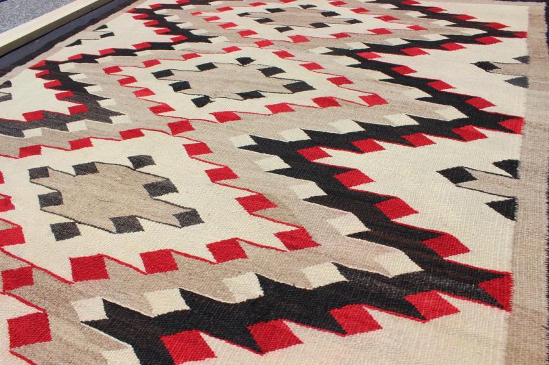 Vintage Navajo Rug with All Over Geometric in Gray, Red, Black and Cream This intriguing vintage Navajo rug was woven in the United States during the first half of the 20th century. The exciting and unique composition boasts a captivating geomet... - Keivan Woven ArtsEBD - 1022 - 6560Rug