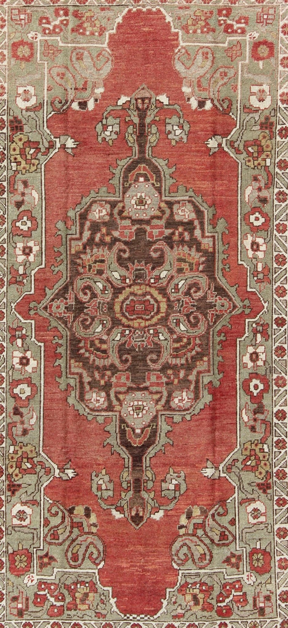 Antique Turkish Oushak Carpet with Medallion in Soft Red, Green and Brown. Antique Turkish Oushak Carpet with Medallion in Soft Red, Green and Brown. Rug/EL - 12265. Antique Oushak, Antique Turkish Rug This lovely antique Turkish Oushak rug displa... - Keivan Woven ArtsEL - 12265 - 968Rug