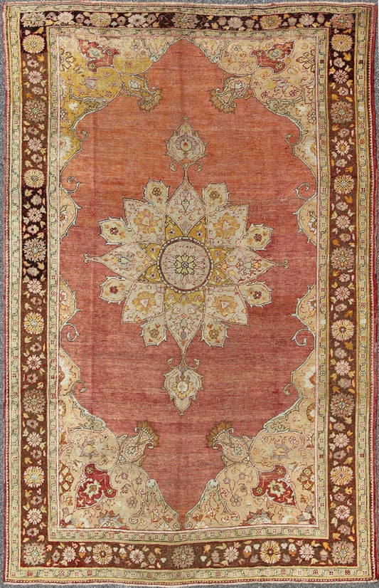 Antique Medallion Oushak Rug in Rose, Pale Green, Light Blue, Gold and Brown Antique Medallion Oushak Rug, Keivan Woven Arts/ rug /EL - 13072, country of origin / type: Turkey / Oushak, circa Early - 20th Century. Measures: 7'9'' x 11'8'' ... - Keivan Woven ArtsEL - 13072 - 693