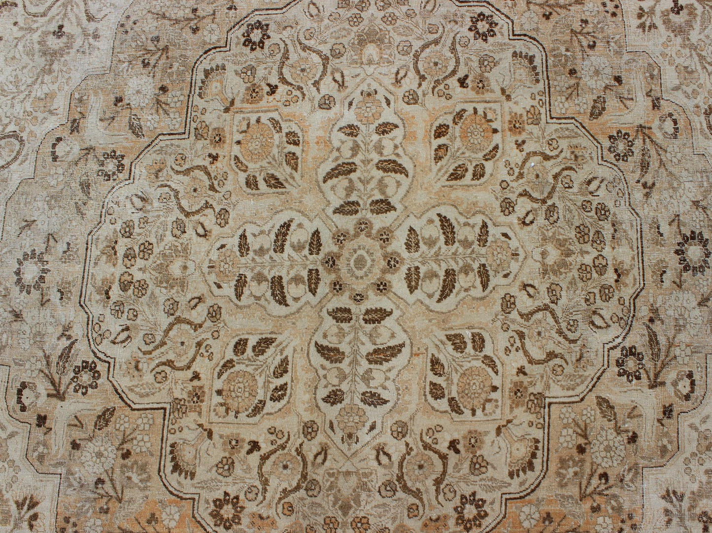 Antique Persian Tabriz Haji Jalili type rug with layered medallion in coral, gray, peach, taupe, cream. Keivan Woven Arts / EMA - 7510, country of origin / type: Iran / Tabriz, circa 1900 Measures: 11' x 16'8. This light colored antique Persian Ta... - Keivan Woven ArtsEMA - 7510 - 8831Rug
