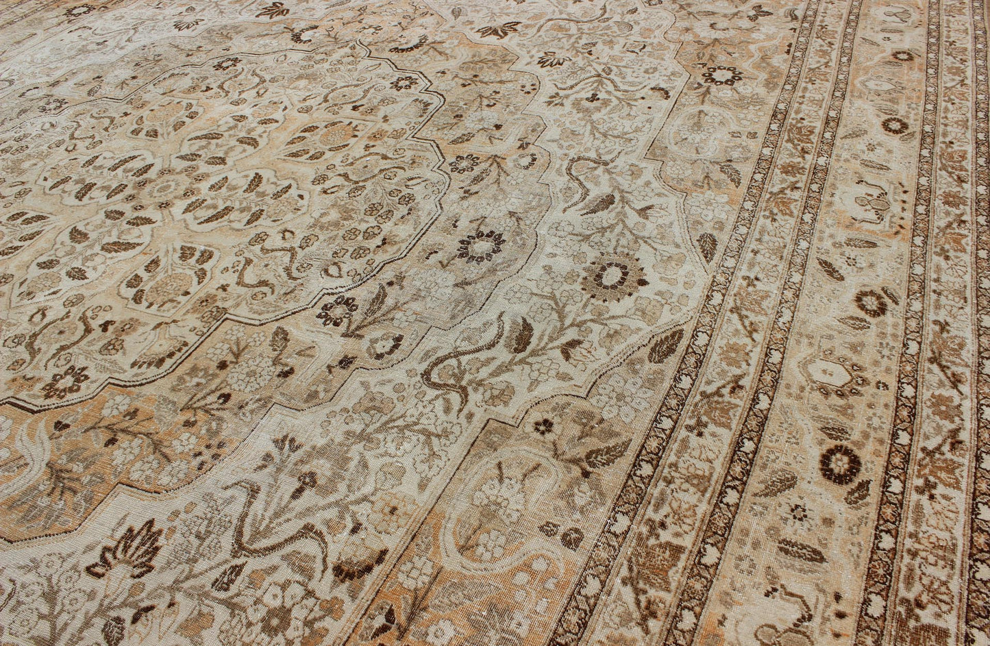 Antique Persian Tabriz Haji Jalili type rug with layered medallion in coral, gray, peach, taupe, cream. Keivan Woven Arts / EMA - 7510, country of origin / type: Iran / Tabriz, circa 1900 Measures: 11' x 16'8. This light colored antique Persian Ta... - Keivan Woven ArtsEMA - 7510 - 8831Rug
