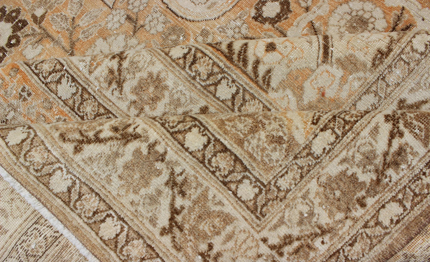 Antique Persian Tabriz Haji Jalili type rug with layered medallion in coral, gray, peach, taupe, cream. Keivan Woven Arts / EMA - 7510, country of origin / type: Iran / Tabriz, circa 1900 Measures: 11' x 16'8. This light colored antique Persian Ta... - Keivan Woven ArtsEMA - 7510 - 8831Rug