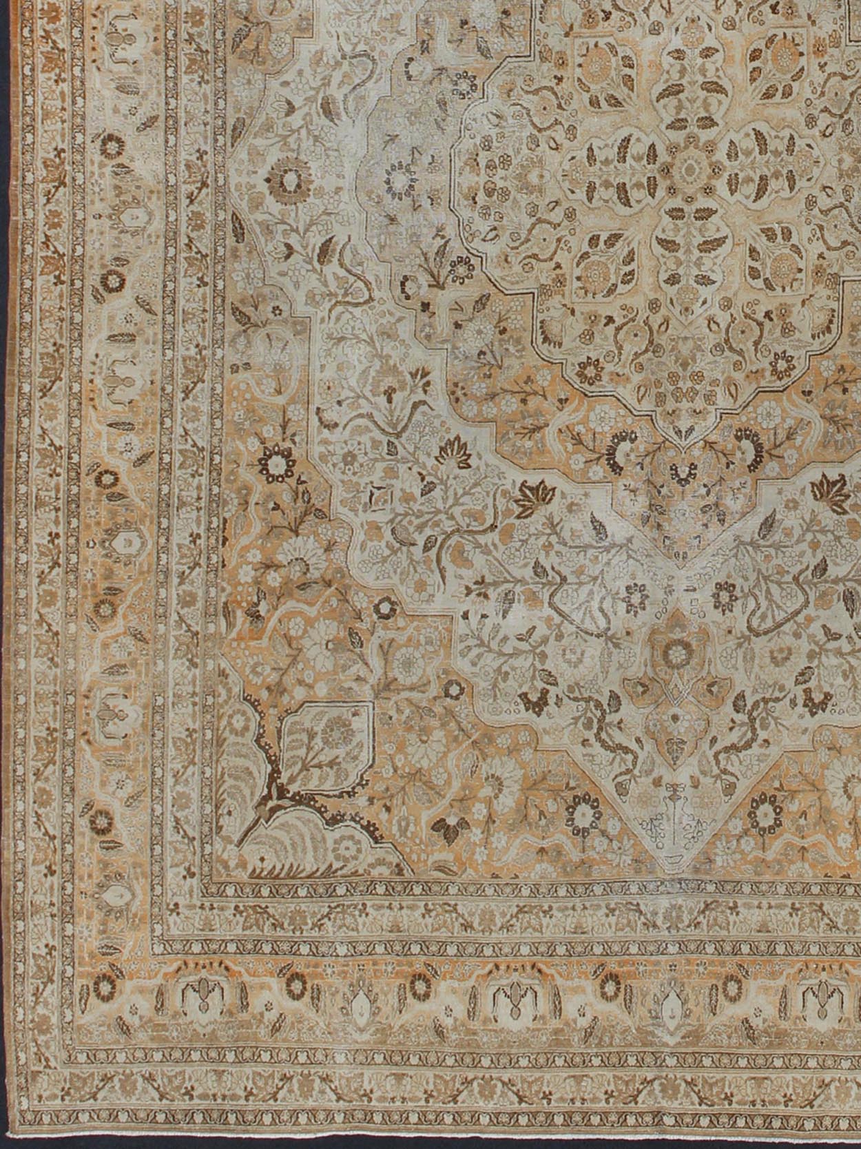 Antique Persian Tabriz Haji Jalili type rug with layered medallion in coral, gray, peach, taupe, cream. Keivan Woven Arts / EMA - 7510, country of origin / type: Iran / Tabriz, circa 1900 Measures: 11' x 16'8. This light colored antique Persian Ta... - Keivan Woven ArtsEMA - 7510 - 8831Rug