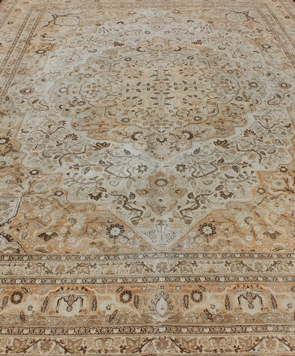 Antique Persian Tabriz Haji Jalili type rug with layered medallion in coral, gray, peach, taupe, cream. Keivan Woven Arts / EMA - 7510, country of origin / type: Iran / Tabriz, circa 1900 Measures: 11' x 16'8. This light colored antique Persian Ta... - Keivan Woven ArtsEMA - 7510 - 8831Rug