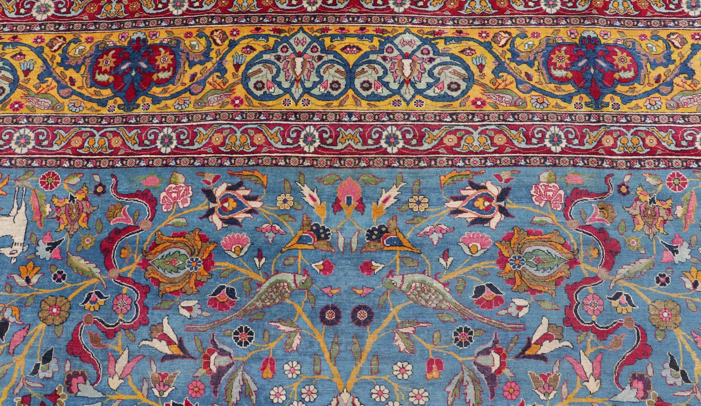 Antique Persian Tehran rug in beautiful Persianblue and saffron yellow. Keivan Woven Arts / rug EMA - 7515, country of origin / type: Iran / Tehran, circa 1920. Unique Persian Tehran rug. Colorful Persian Tehran in blue with floral design. Measures... - Keivan Woven ArtsEMA - 7515 - 8611Rug