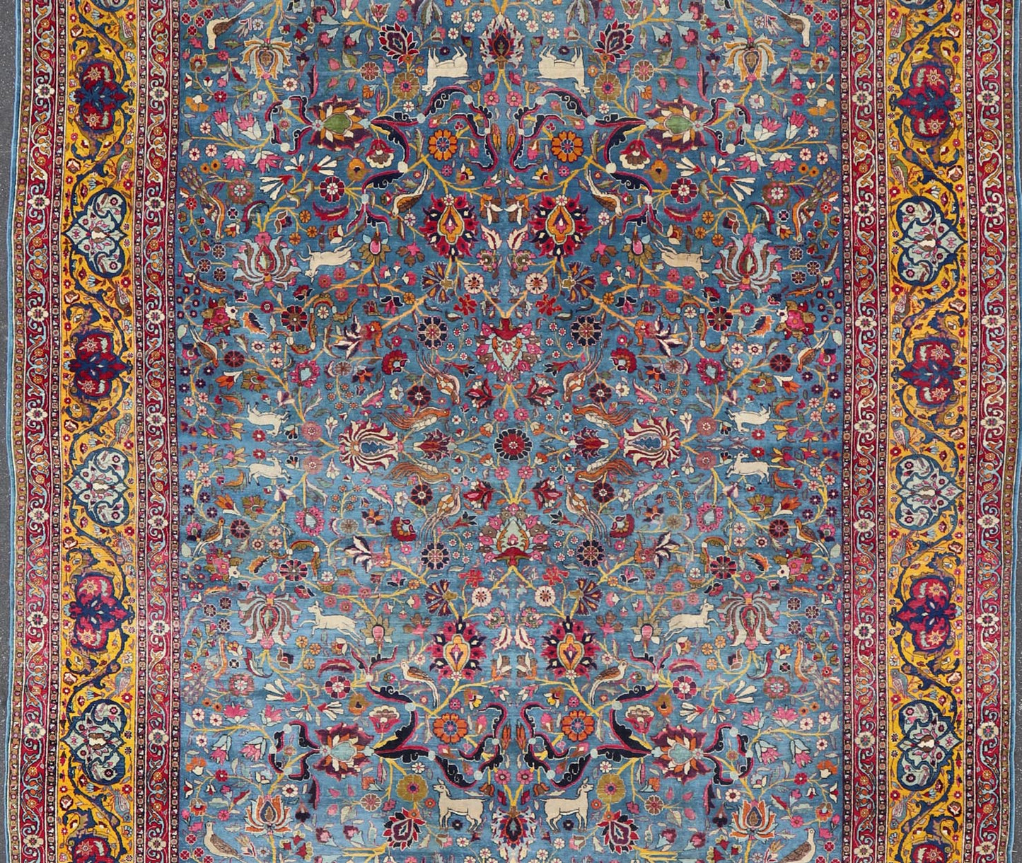 Antique Persian Tehran rug in beautiful Persianblue and saffron yellow. Keivan Woven Arts / rug EMA - 7515, country of origin / type: Iran / Tehran, circa 1920. Unique Persian Tehran rug. Colorful Persian Tehran in blue with floral design. Measures... - Keivan Woven ArtsEMA - 7515 - 8611Rug