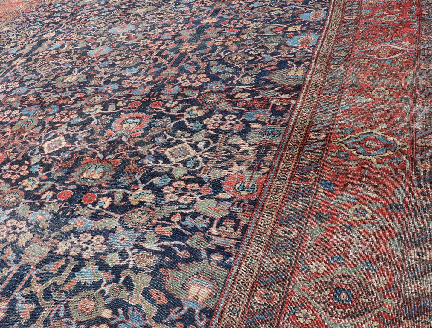 Oversized Fine Weave Antique Persian Sultanabad with Distressed All - Over Design. Extra wide oversize antique Persian distressed Sultanabad rug , kwarugs / EMA - 7516, country of origin / type: Iran / Farahan, circa 1890. Measures: 14'3 x 18... - Keivan Woven ArtsEMA - 7516 - 8879Rug
