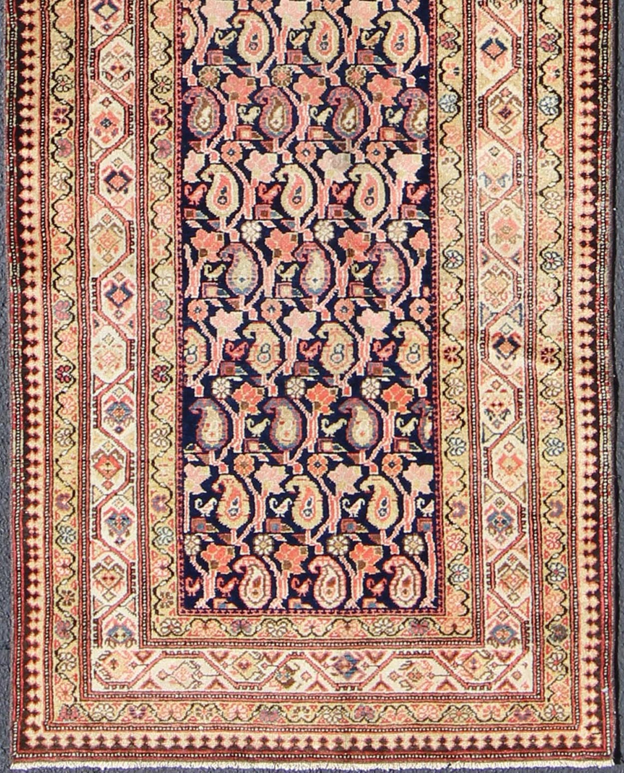 Paisley Design Antique Persian Malayer Runner in Dark and Light Tones Onyx, Nude, and Peach Malayer Runner Antique from Persia with All - Over Paisley Motifs, rug ema - 7519, country of origin / type: Iran / Malayer, circa 1910 This antique P... - Keivan Woven ArtsEMA - 7519 - 8996Rug