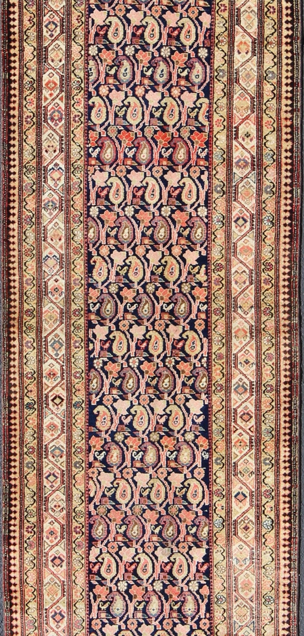 Paisley Design Antique Persian Malayer Runner in Dark and Light Tones Onyx, Nude, and Peach Malayer Runner Antique from Persia with All - Over Paisley Motifs, rug ema - 7519, country of origin / type: Iran / Malayer, circa 1910 This antique P... - Keivan Woven ArtsEMA - 7519 - 8996Rug
