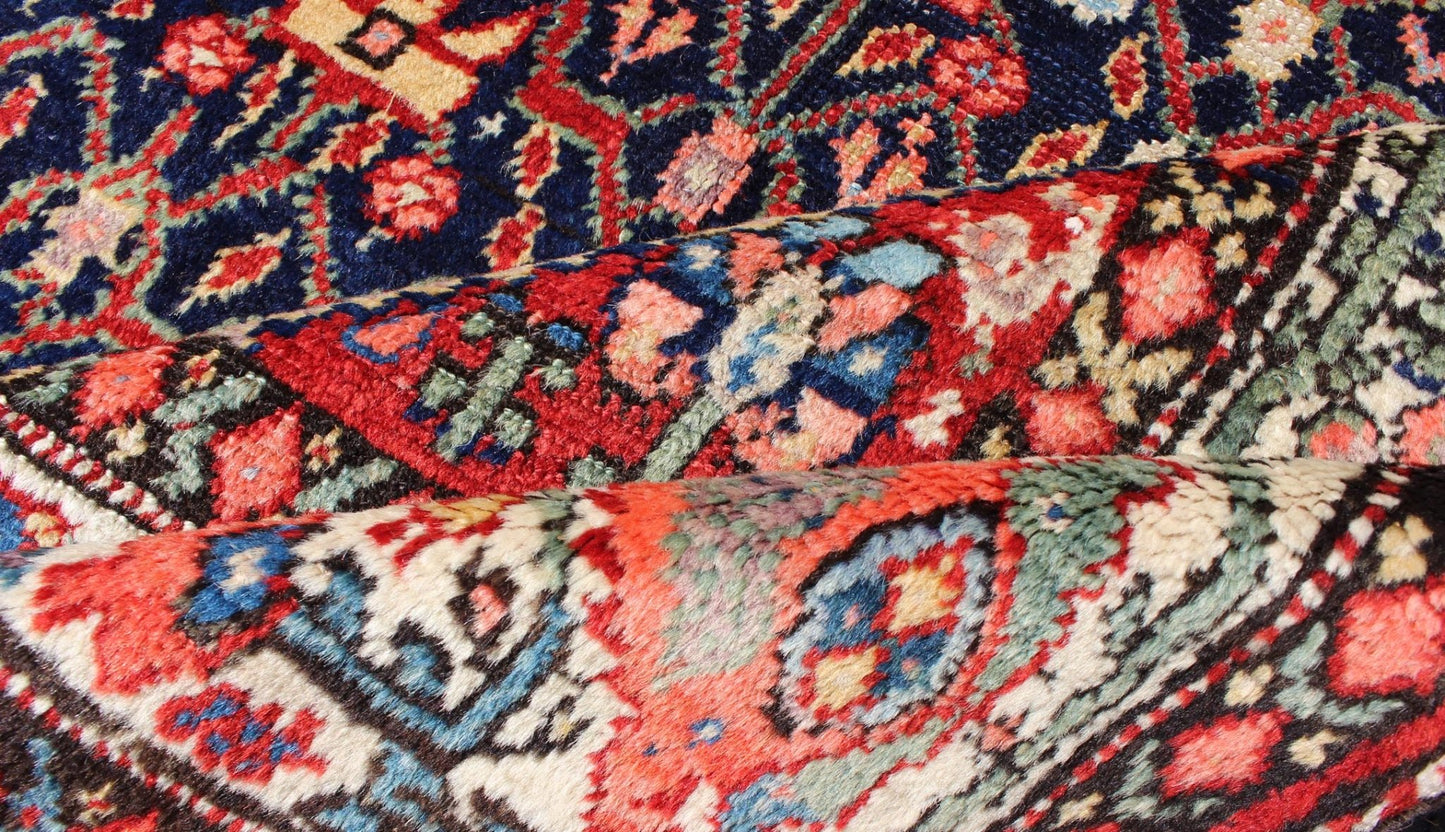 Jewel - Toned Antique Persian Malayer Runner with All - Over Geometric Design Red, Blue, Ivory, Peach, and Mint Persian Antique Malayer Runner with Geometric Floral Design, rug ema - 7521, country of origin / type: Iran / Malayer, circa 1920 Th... - Keivan Woven ArtsEMA - 7521 - 9000Rug