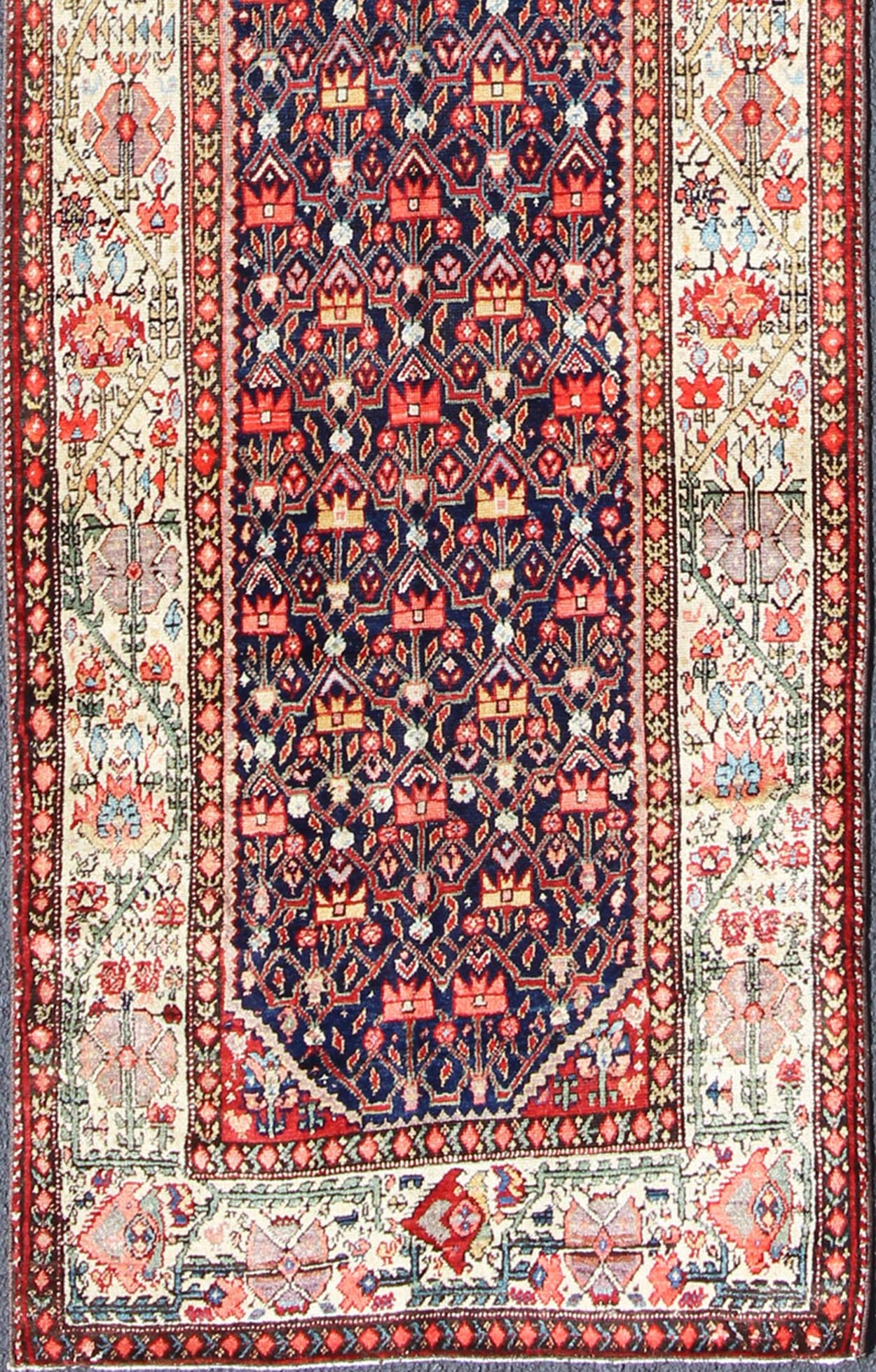 Jewel - Toned Antique Persian Malayer Runner with All - Over Geometric Design Red, Blue, Ivory, Peach, and Mint Persian Antique Malayer Runner with Geometric Floral Design, rug ema - 7521, country of origin / type: Iran / Malayer, circa 1920 Th... - Keivan Woven ArtsEMA - 7521 - 9000Rug