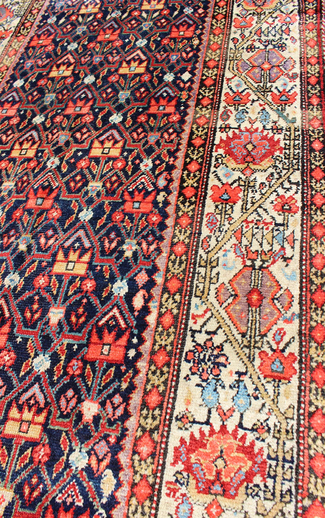 Jewel - Toned Antique Persian Malayer Runner with All - Over Geometric Design Red, Blue, Ivory, Peach, and Mint Persian Antique Malayer Runner with Geometric Floral Design, rug ema - 7521, country of origin / type: Iran / Malayer, circa 1920 Th... - Keivan Woven ArtsEMA - 7521 - 9000Rug