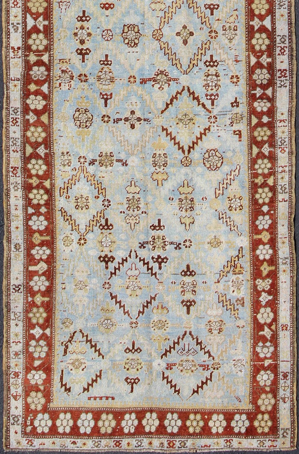 Ox Red and Ice Blue Antique Persian Malayer Runner with All - Over Geometrics kwarugs All - over design antique Persian Malayer runner with geometrics in blue and red, rug ema - 7546, country of origin / type: Iran / Mahal, circa 1910. This ant... - Keivan Woven ArtsEMA - 7546 - 9786Rug