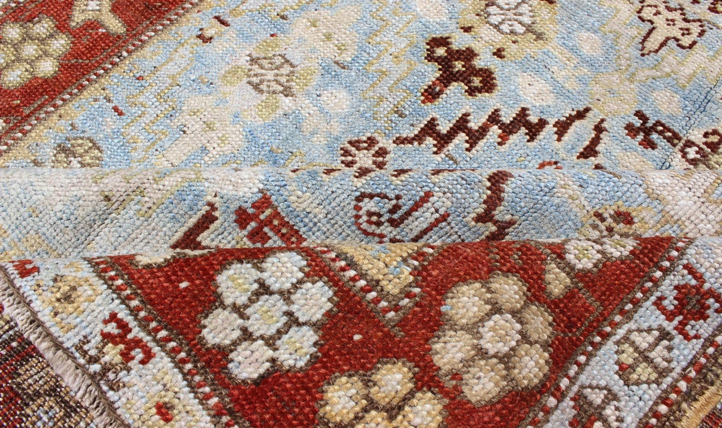 Ox Red and Ice Blue Antique Persian Malayer Runner with All - Over Geometrics kwarugs All - over design antique Persian Malayer runner with geometrics in blue and red, rug ema - 7546, country of origin / type: Iran / Mahal, circa 1910. This ant... - Keivan Woven ArtsEMA - 7546 - 9786Rug