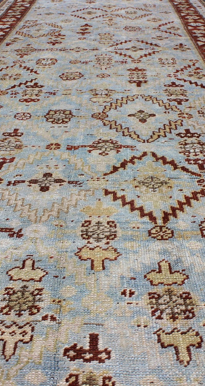 Ox Red and Ice Blue Antique Persian Malayer Runner with All - Over Geometrics kwarugs All - over design antique Persian Malayer runner with geometrics in blue and red, rug ema - 7546, country of origin / type: Iran / Mahal, circa 1910. This ant... - Keivan Woven ArtsEMA - 7546 - 9786Rug